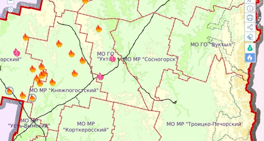 В Ухтинском районе продолжается три лесных пожара