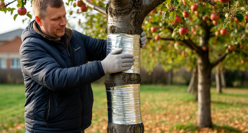 Все яблони и груши - в фольгу: оборачиваю деревья перед наступлением зимы, и весной ни тли, ни муравьев