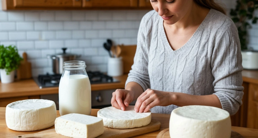 На 1 литр молока 1 литр кефира, смешиваю - и через 30 минут подаю на стол домашний сыр