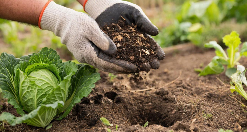 При посадке капусты кладу в лунку "особую" подкормку — так она быстрее трогается в рост и наращивает крупные вилки