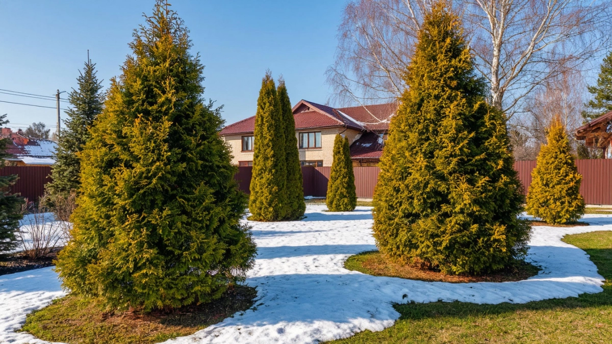 Туям после схода снега – обязательно: чтобы они не желтели, не бурели и не сохли