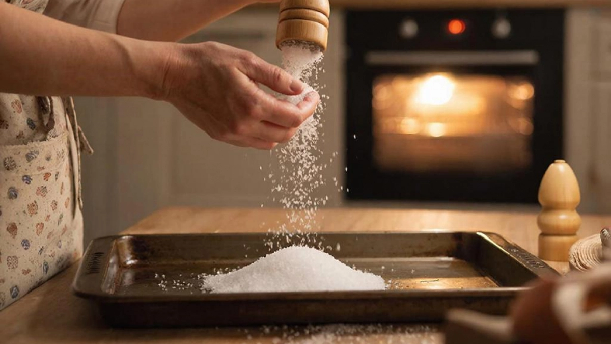 Сыплю горсть на противень и грею в духовке 10 минут — жир отходит сам, тереть ничего не нужно