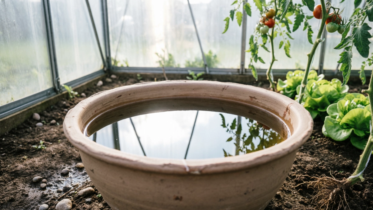 Просто, дёшево и эффективно: как обычный таз с водой превращает теплицу в настоящий рай для растений