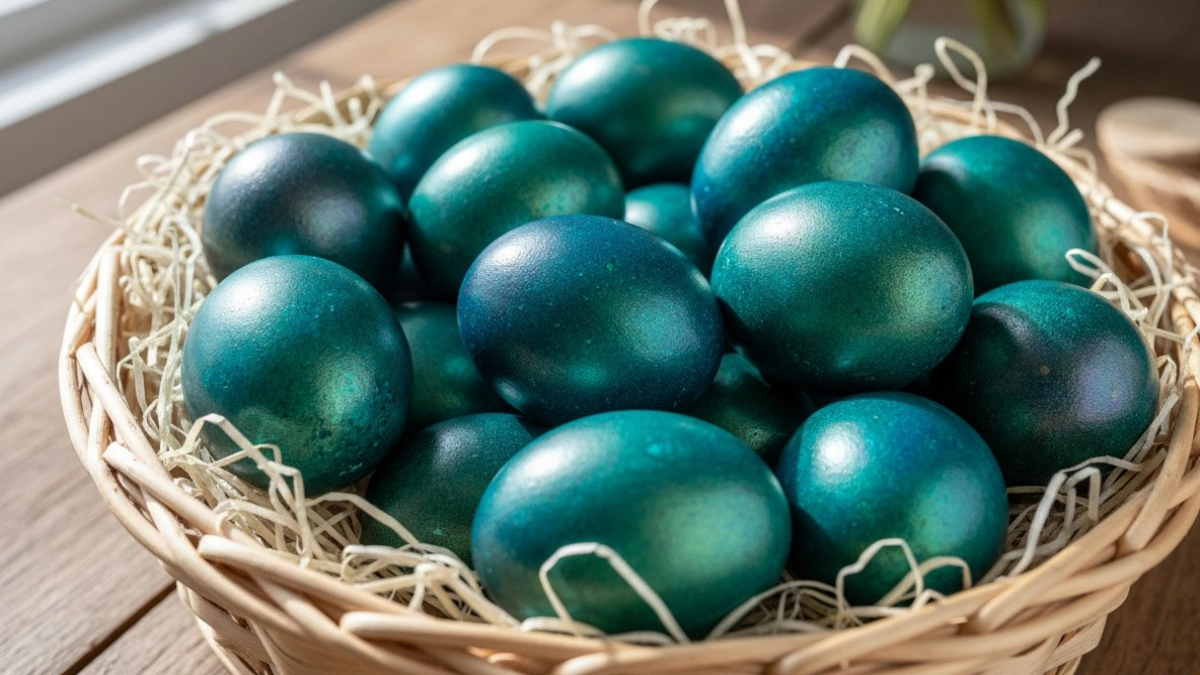 Шелуха, прощай. Купаю яйца в растворе — через час на столе крашенки цвета пера павлина