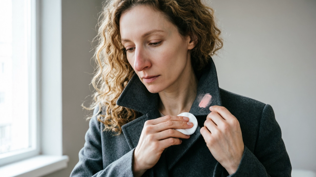 Оттираю тональник с воротника без стирки: всего пять капель на ватный диск - и разводов не остаётся