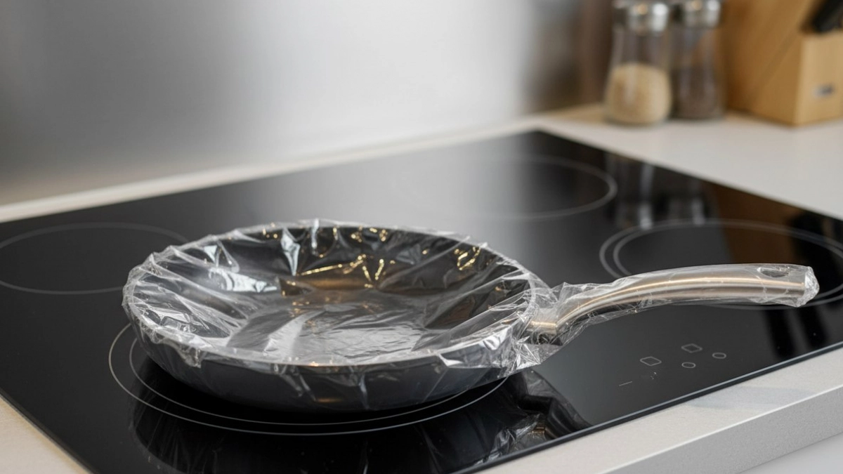 Заворачиваю сковороду в пакет, и нагар легко отлетает ошметками - красуюсь в отражении