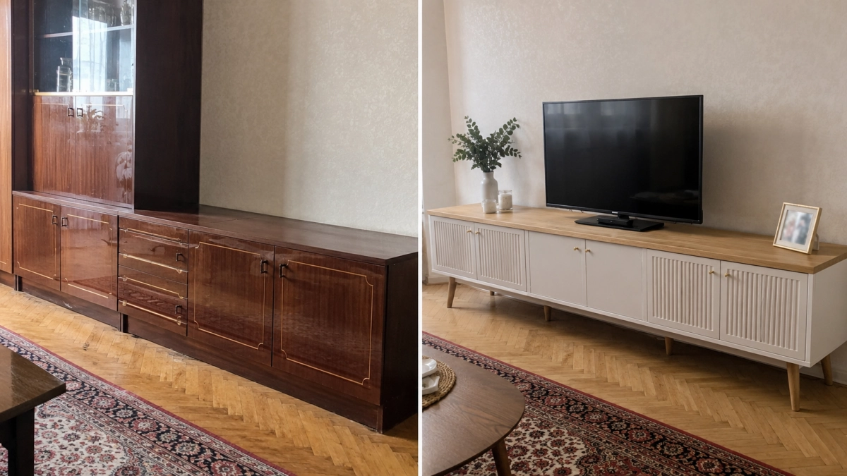 Не покупайте новую ТВ-тумбу: старая советская стенка после такой переделки выглядит как дорогая мебель