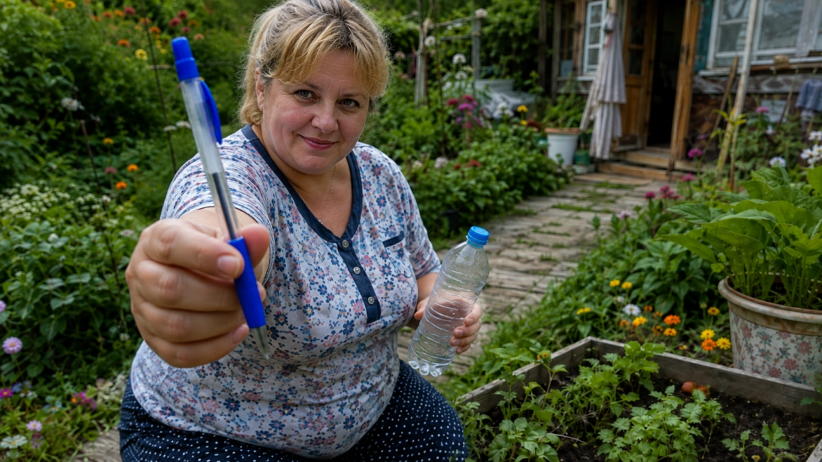 Старые ручки не выбрасываю — вставляю в пластиковую бутылку: получается хитрое приспособление для дачи