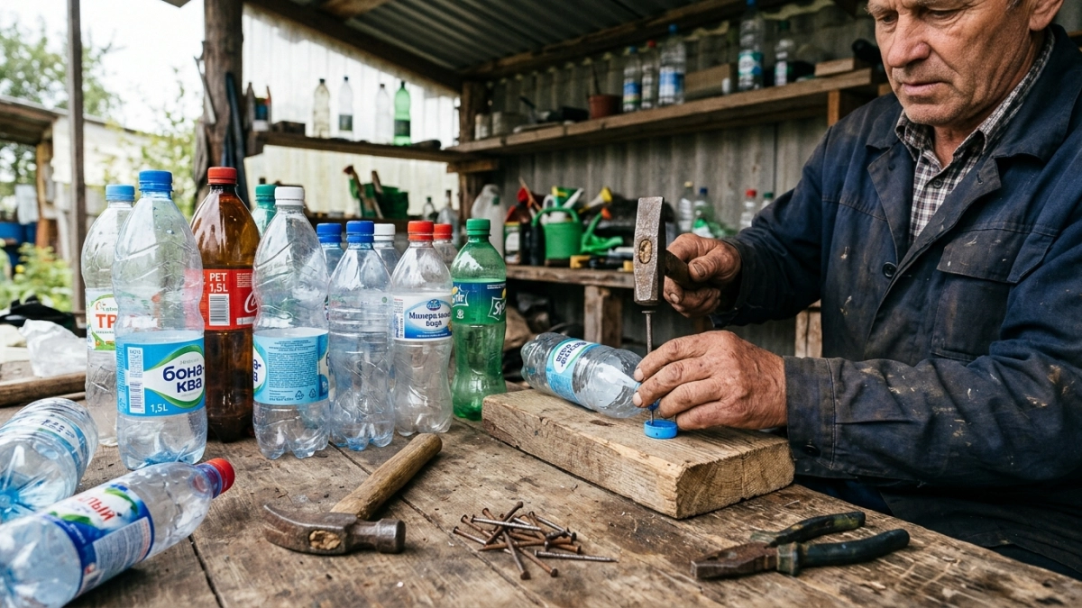 Крышки от пластиковых бутылок не выбрасываю, беру с собой на дачу и дырявлю гвоздём: получаю добротную конструкцию бесплатно