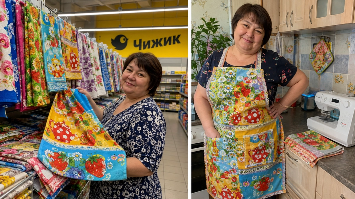 Кухонные полотенца из «Чижика» скупаю пачками, но посуду ими не вытираю: сшиваю дизайнерский фартук будто из интерьерного бутика