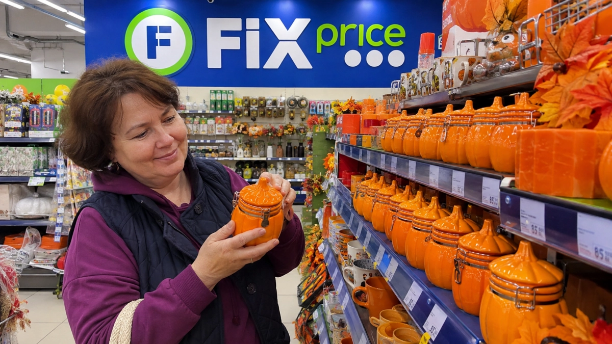 Банки «Тыква» с замком хватаю в Fix Price, но ничего в них не храню: прячу внутрь огоньки — и на полке вспыхивает «осенний янтарь»