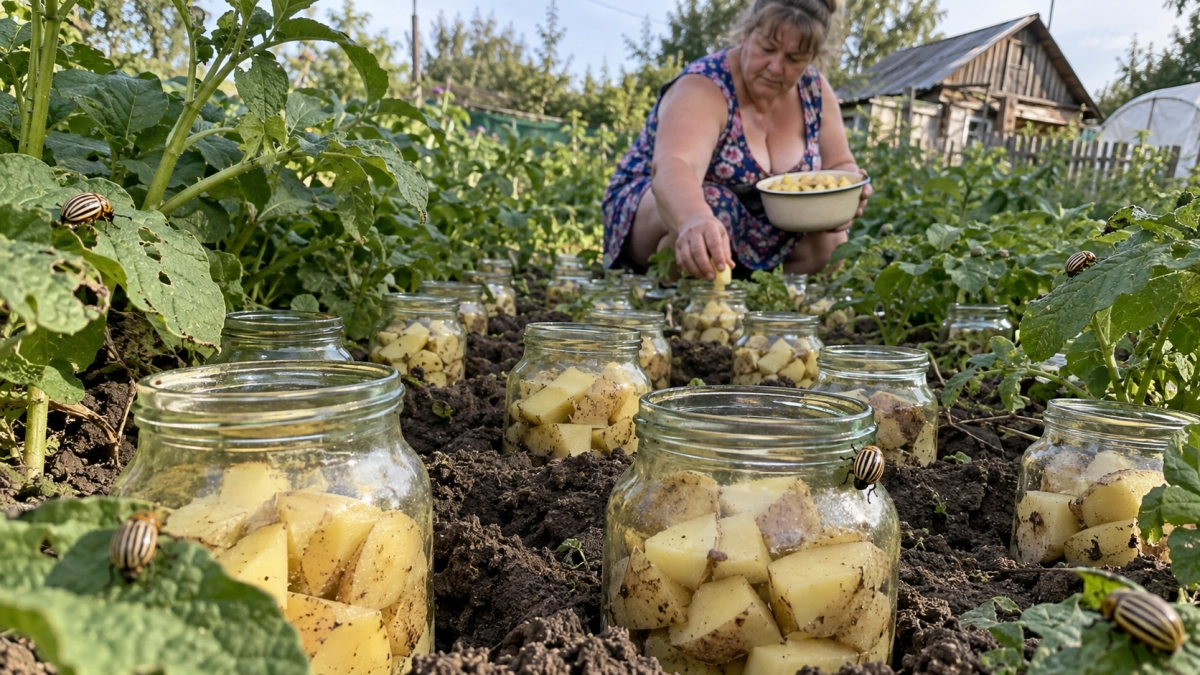 Литровые банки закапываю между картошкой по горлышко: кладу внутрь кусочки клубней — колорадские жуки сами ползут в «подземную столовую»
