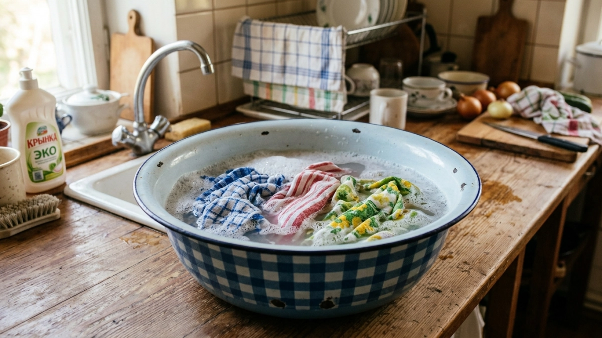 2 ложки в тёплую воду — и липкий жир с полотенец сползает сам: без кипячения и дорогого порошка