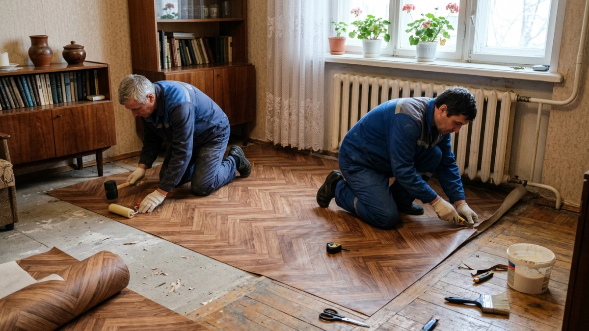 Старый пол больше не мучаю ламинатом: стелю линолеум под французскую ёлочку — смотрится как люксовый паркет