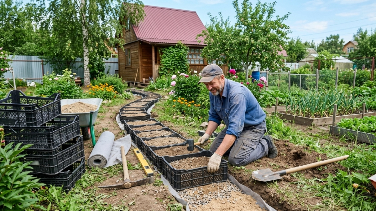 5 пластиковых ящиков и ведро песка: как сделать садовую дорожку, которая не боится грязи и дождя