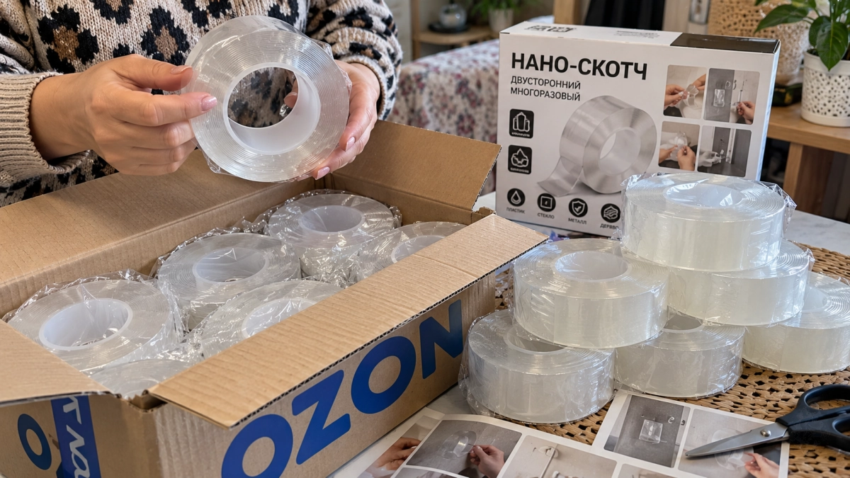 Скупаю по 10 рулонов нано-скотча с Ozon — и всё равно мало: держит пластик, стекло и ещё 5 «вредных» поверхностей