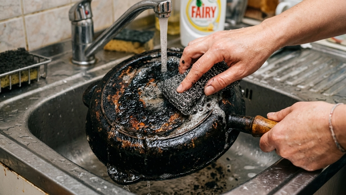 Сковороду с вековым нагаром не выбрасываю: 3 стакана по простой формуле — и корка сходит сама