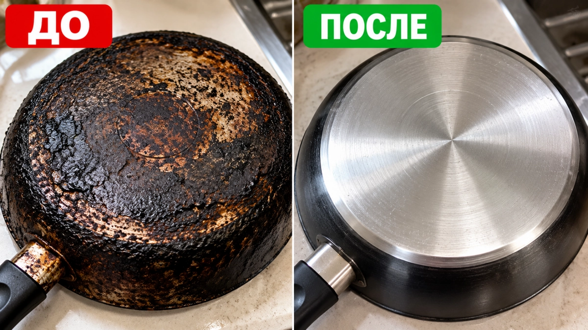 Метод 2 стаканов — и древняя сковородка будто только из магазина: чёрный панцирь нагара отходит слоями, как старая штукатурка