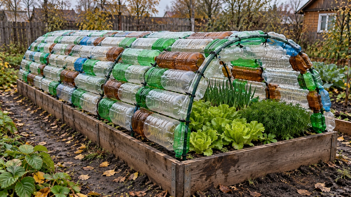 Собираю тоннель-парник из пластиковых бутылок — редис, шпинат и укроп растут до холодов: весной открываю сезон раньше