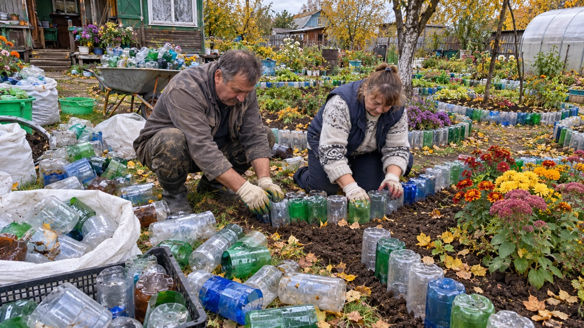 Пластиковые бутылки после Нового года 2027 коплю мешками: режу «кирпичиками» и собираю бордюры для клумб как LEGO — красота за копейки