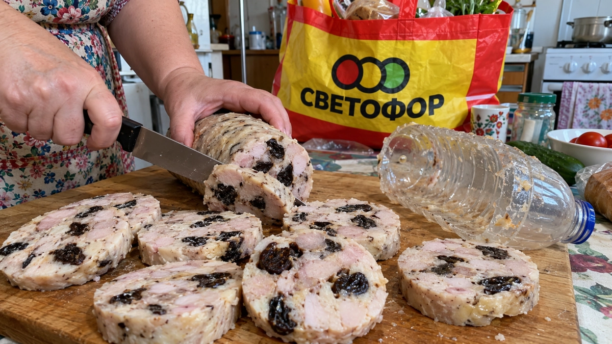 Кладу дешёвую курицу из «Светофора» и горсть чернослива в пластиковую бутылку — достаю царскую ветчину: нежнее суфле, колбаса отдыхает